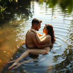 A romantic scene depicting a couple immersed in shallow pond water, completely nude and engaged in a tender moment together