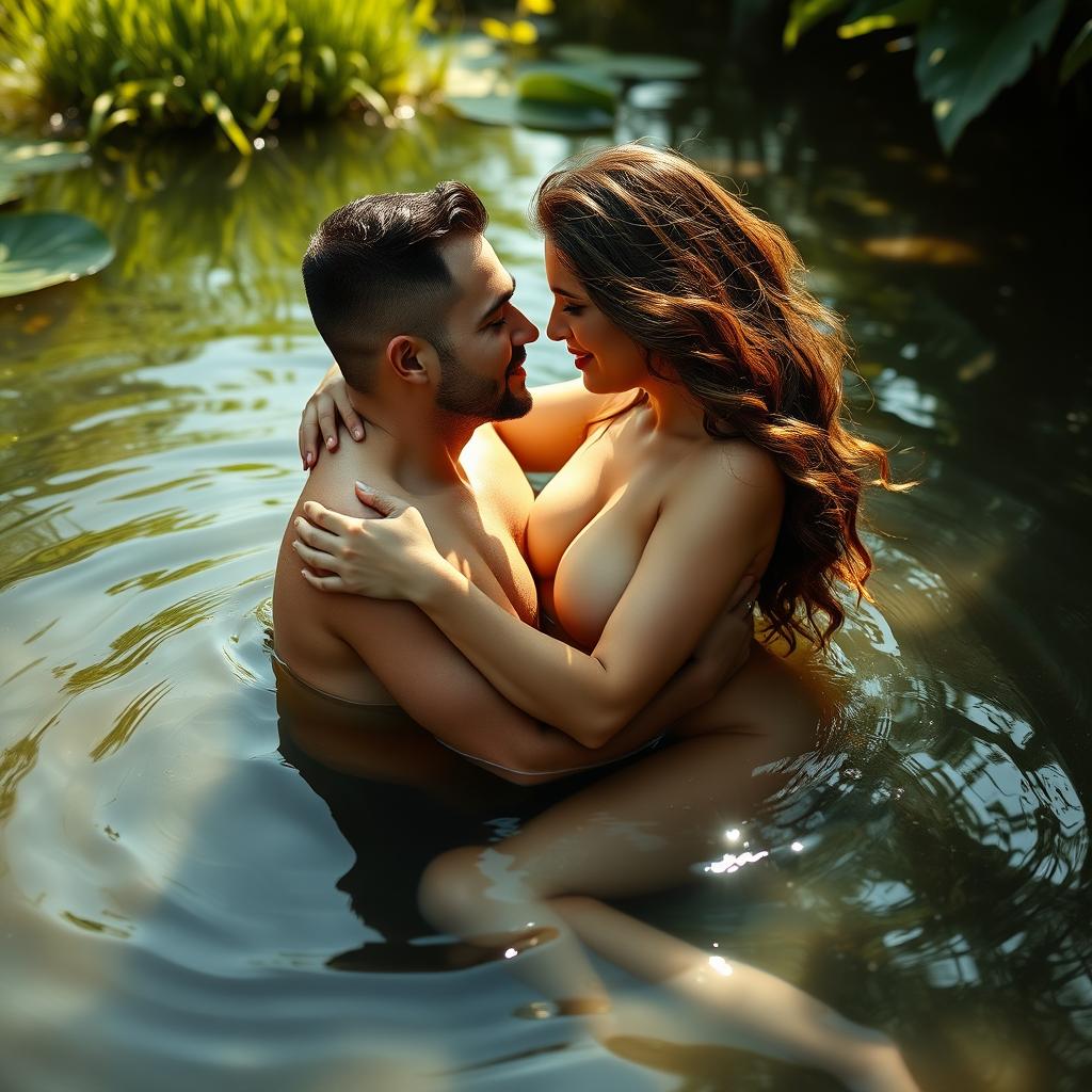 A romantic scene depicting a couple immersed in shallow pond water, completely nude and engaged in a tender moment together