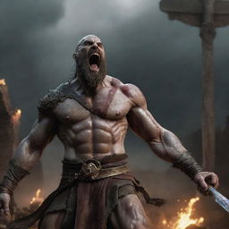 Zeus, filled with surprise and fear, impaled by Kratos' thrown sword mid-charge. The action freezing the chaotic scene giving a powerful image of Kratos' victory in the backdrop of an ancient Roman village.