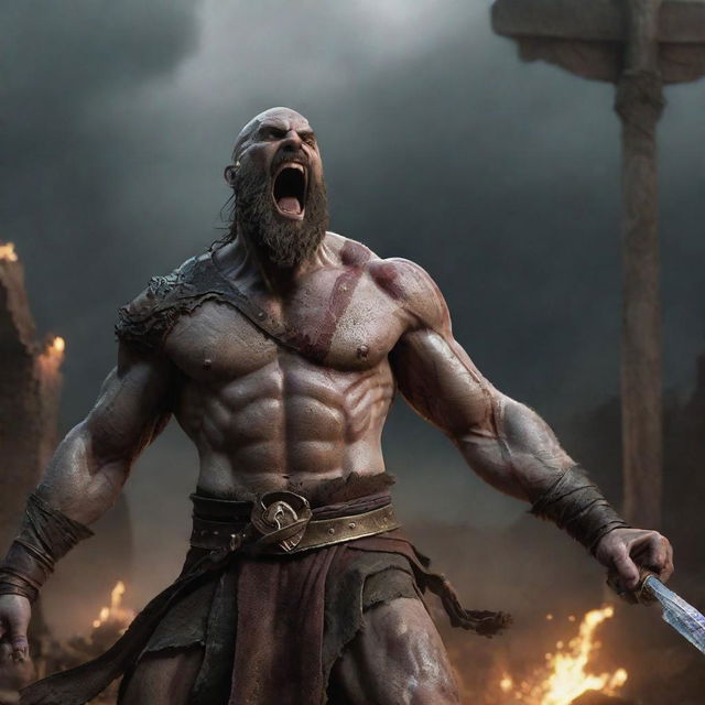 Zeus, filled with surprise and fear, impaled by Kratos' thrown sword mid-charge. The action freezing the chaotic scene giving a powerful image of Kratos' victory in the backdrop of an ancient Roman village.