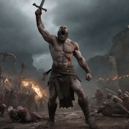 Zeus, filled with surprise and fear, impaled by Kratos' thrown sword mid-charge. The action freezing the chaotic scene giving a powerful image of Kratos' victory in the backdrop of an ancient Roman village.