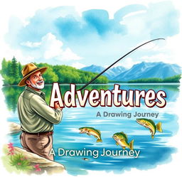 A beautifully illustrated fishing drawing book cover featuring a serene lakeside scene with a crystal clear lake reflecting vibrant greenery and a picturesque sky