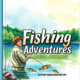A beautifully illustrated fishing drawing book cover featuring a serene lakeside scene with a crystal clear lake reflecting vibrant greenery and a picturesque sky