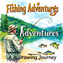 A beautifully illustrated fishing drawing book cover featuring a serene lakeside scene with a crystal clear lake reflecting vibrant greenery and a picturesque sky