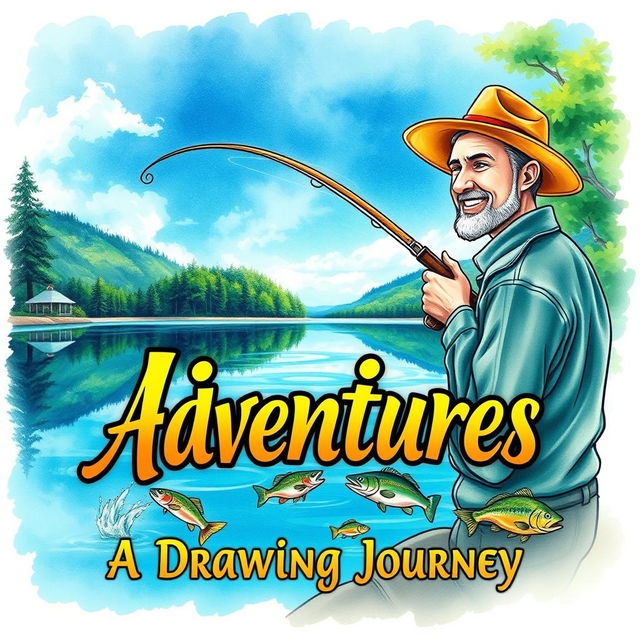 A beautifully illustrated fishing drawing book cover featuring a serene lakeside scene with a crystal clear lake reflecting vibrant greenery and a picturesque sky