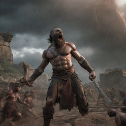 Zeus, filled with surprise and fear, impaled by Kratos' thrown sword mid-charge. The action freezing the chaotic scene giving a powerful image of Kratos' victory in the backdrop of an ancient Roman village.