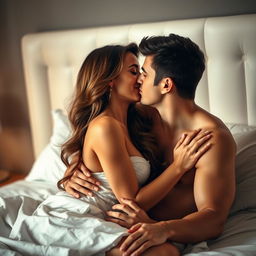 A romantic scene featuring a beautiful couple on a bed, sharing an intimate kiss
