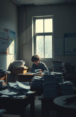 A poignant scene depicting a sad student sitting alone at their desk in a dimly lit classroom