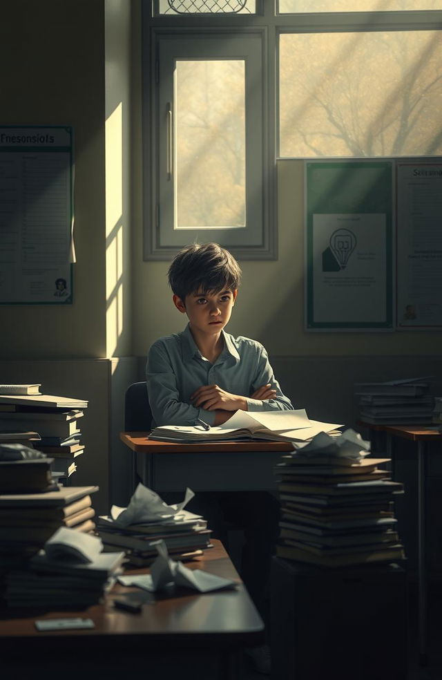 A poignant scene depicting a sad student sitting alone at their desk in a dimly lit classroom