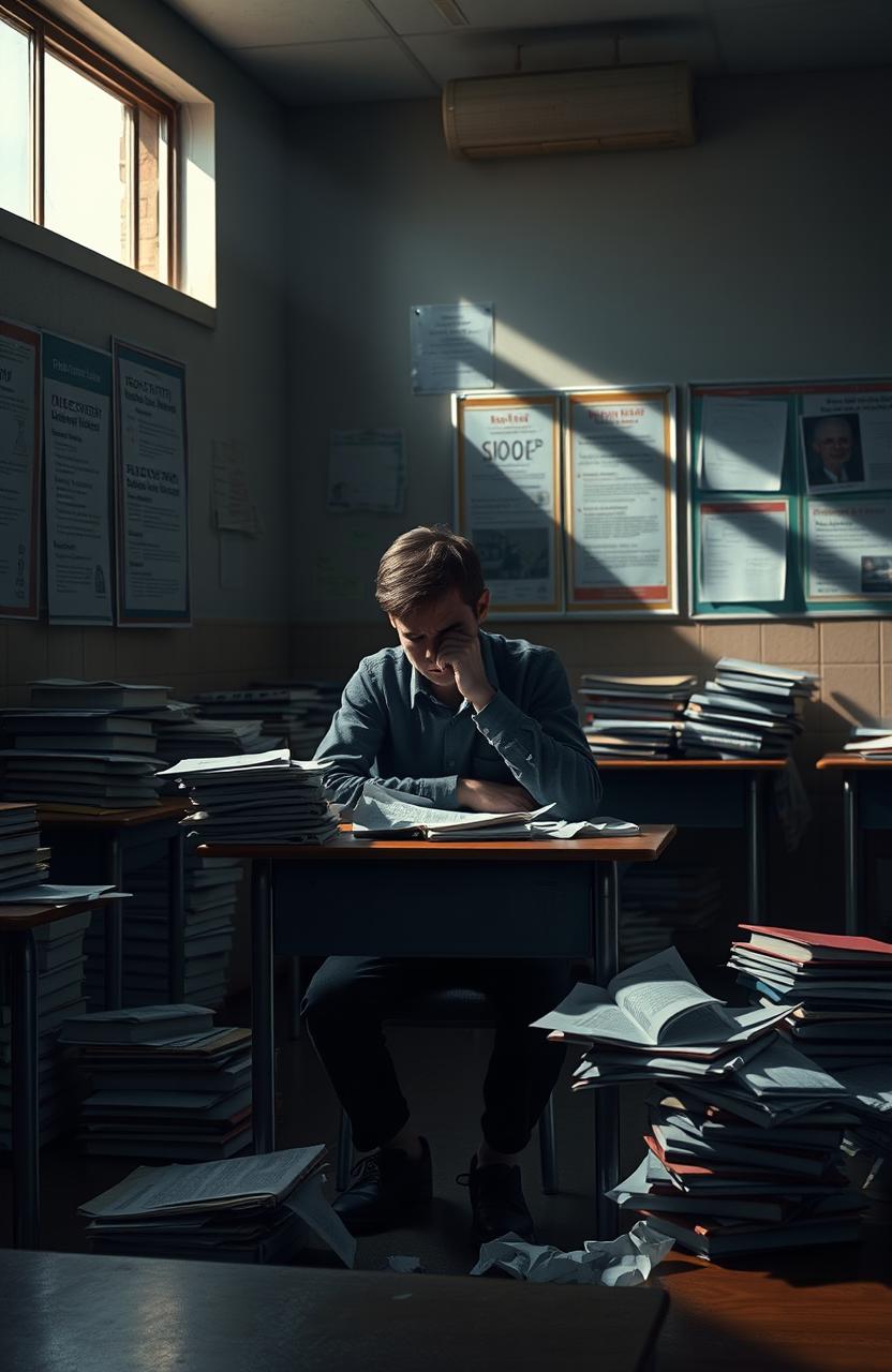 A poignant scene depicting a sad student sitting alone at their desk in a dimly lit classroom