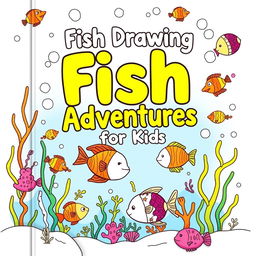 A charming and engaging cover design template for a children's fish drawing book, styled for a paperback format