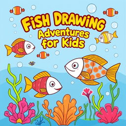 A charming and engaging cover design template for a children's fish drawing book, styled for a paperback format