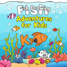 A charming and engaging cover design template for a children's fish drawing book, styled for a paperback format