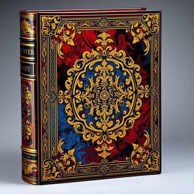 An ornate book cover design featuring intricate patterns and embellishments