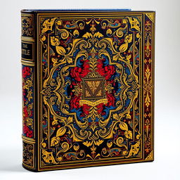 An ornate book cover design featuring intricate patterns and embellishments