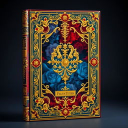 An ornate book cover design featuring intricate patterns and embellishments