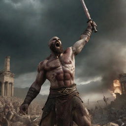 Kratos triumphant, as Zeus is impaled by his sword. A visually striking image showing Zeus' shock and defeat against the backdrop of the attacked ancient Roman village.