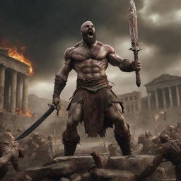 Kratos triumphant, as Zeus is impaled by his sword. A visually striking image showing Zeus' shock and defeat against the backdrop of the attacked ancient Roman village.