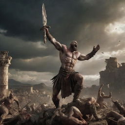 Kratos triumphant, as Zeus is impaled by his sword. A visually striking image showing Zeus' shock and defeat against the backdrop of the attacked ancient Roman village.