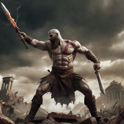 Kratos triumphant, as Zeus is impaled by his sword. A visually striking image showing Zeus' shock and defeat against the backdrop of the attacked ancient Roman village.