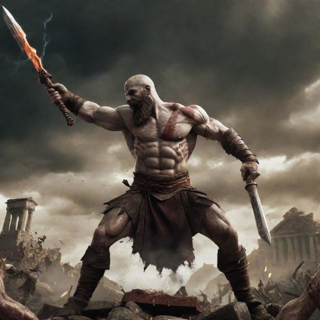 Kratos triumphant, as Zeus is impaled by his sword. A visually striking image showing Zeus' shock and defeat against the backdrop of the attacked ancient Roman village.