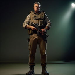 A Hollywood-style kidnapper commander wearing an ankle-length jacket and bullet-proof vest, looking tough and intimidating.