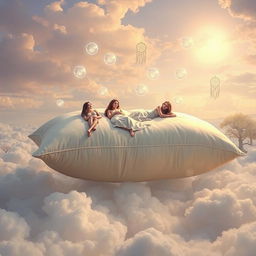 A surreal and dreamy scene depicting 'The Weight of Dreams,' featuring a giant, oversized pillow floating among a sea of soft, fluffy clouds