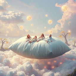 A surreal and dreamy scene depicting 'The Weight of Dreams,' featuring a giant, oversized pillow floating among a sea of soft, fluffy clouds