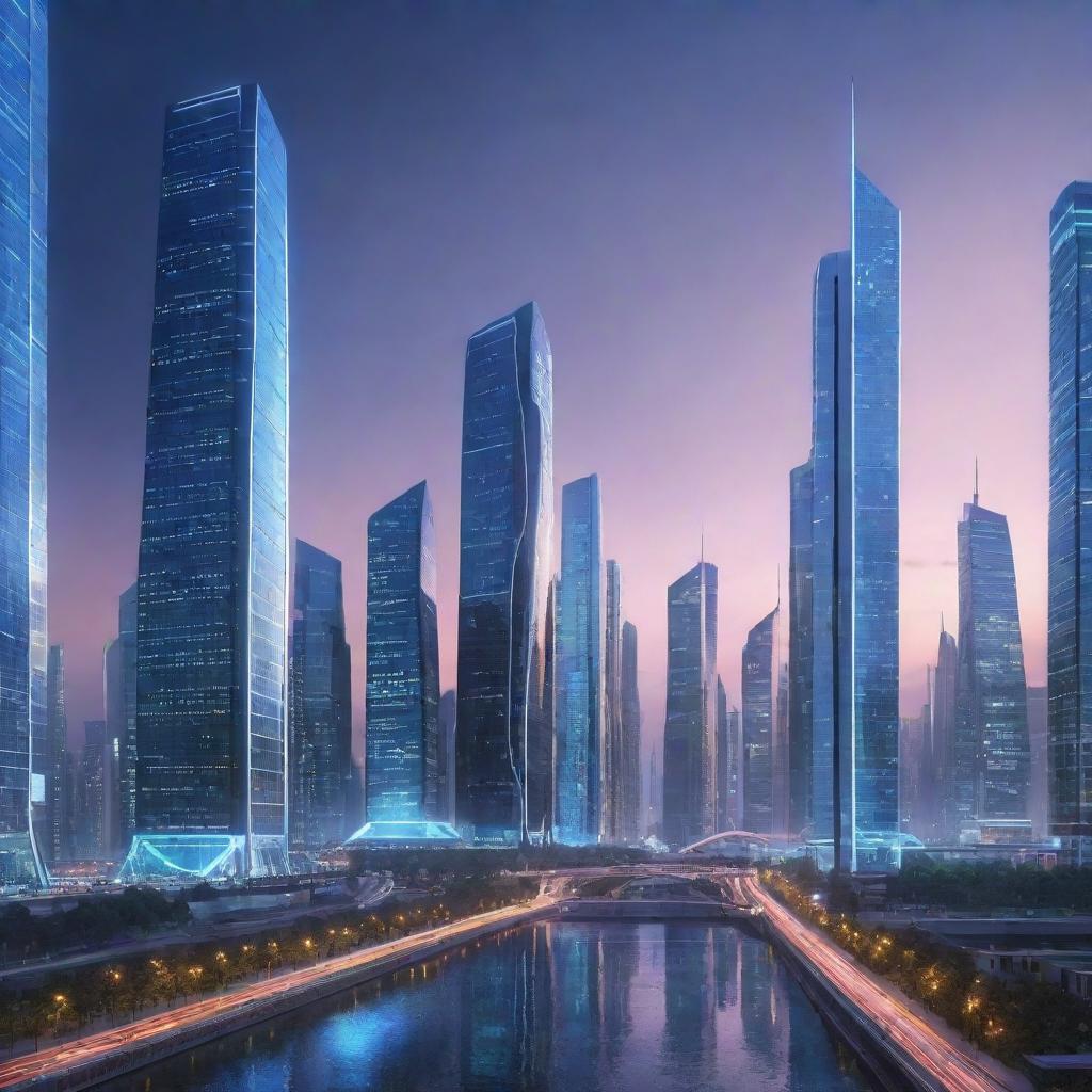 Futuristic cityscape in the year 2024 with high-tech buildings, neon lights and advanced technologies