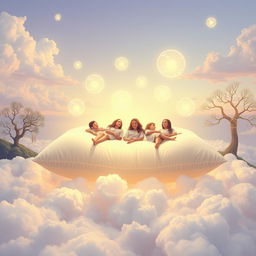 A surreal and dreamy scene depicting 'The Weight of Dreams,' featuring a giant, oversized pillow floating among a sea of soft, fluffy clouds