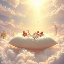 A surreal and dreamy scene depicting 'The Weight of Dreams,' featuring a giant, oversized pillow floating among a sea of soft, fluffy clouds