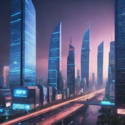 Futuristic cityscape in the year 2024 with high-tech buildings, neon lights and advanced technologies