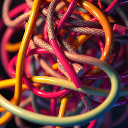 A visually striking image featuring large, complex wires tangled together in a dynamic and abstract formation, illuminated by vibrant colors and soft lighting