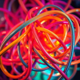 A visually striking image featuring large, complex wires tangled together in a dynamic and abstract formation, illuminated by vibrant colors and soft lighting