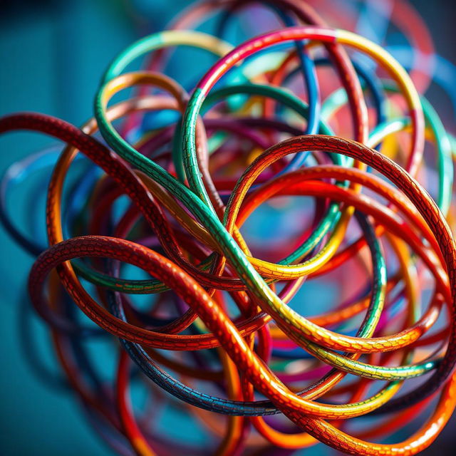 A visually striking image featuring large, complex wires tangled together in a dynamic and abstract formation, illuminated by vibrant colors and soft lighting