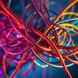 A visually striking image featuring large, complex wires tangled together in a dynamic and abstract formation, illuminated by vibrant colors and soft lighting