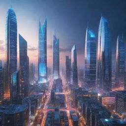 Futuristic cityscape in the year 2024 with high-tech buildings, neon lights and advanced technologies