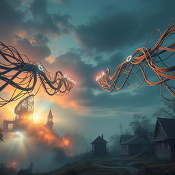 A captivating image depicting large, intricate wires that stretch out in both directions, symbolically connecting a vibrant, detailed present with a hazy, futuristic landscape on one side and a nostalgic, rustic past on the other