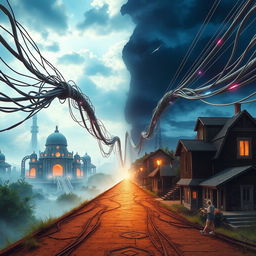 A captivating image depicting large, intricate wires that stretch out in both directions, symbolically connecting a vibrant, detailed present with a hazy, futuristic landscape on one side and a nostalgic, rustic past on the other