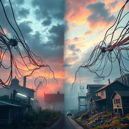 A captivating image depicting large, intricate wires that stretch out in both directions, symbolically connecting a vibrant, detailed present with a hazy, futuristic landscape on one side and a nostalgic, rustic past on the other