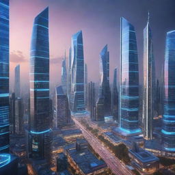 Futuristic cityscape in the year 2024 with high-tech buildings, neon lights and advanced technologies