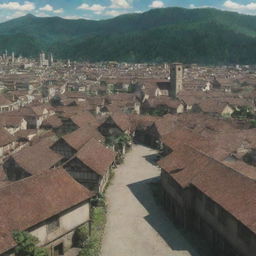 The town of Shiganshina from the anime Attack on Titan. A district which is protected by large walls with the front gate open, buildings with rustic roofs and unique architecture, the tower in the background.