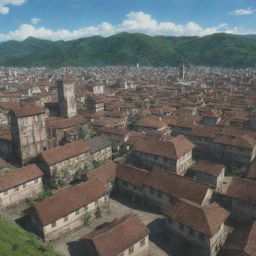 The town of Shiganshina from the anime Attack on Titan. A district which is protected by large walls with the front gate open, buildings with rustic roofs and unique architecture, the tower in the background.