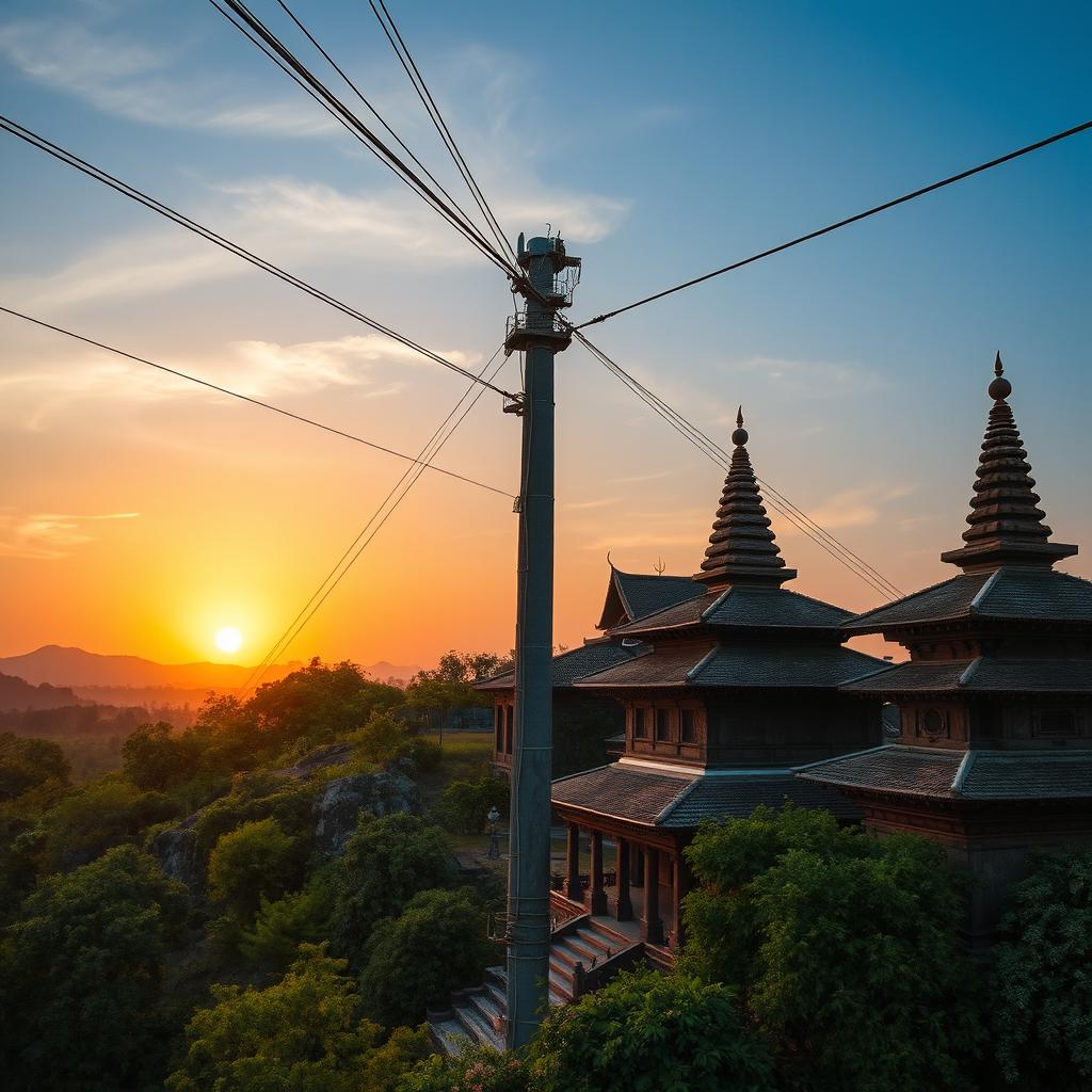 A striking visual representation of big wires connecting traditional elements, like ancient temples or historical structures