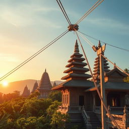 A striking visual representation of big wires connecting traditional elements, like ancient temples or historical structures