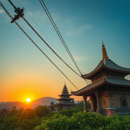 A striking visual representation of big wires connecting traditional elements, like ancient temples or historical structures