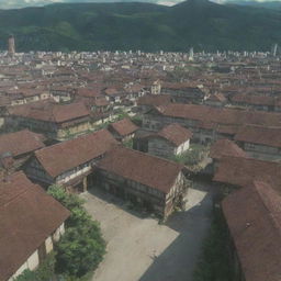 The town of Shiganshina from the anime Attack on Titan. A district which is protected by large walls with the front gate open, buildings with rustic roofs and unique architecture, the tower in the background.