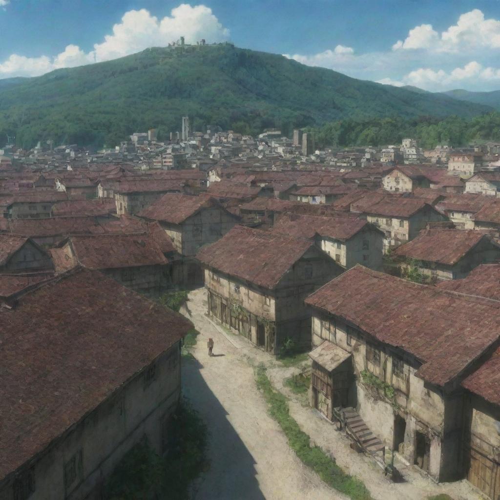 The town of Shiganshina from the anime Attack on Titan. A district which is protected by large walls with the front gate open, buildings with rustic roofs and unique architecture, the tower in the background.