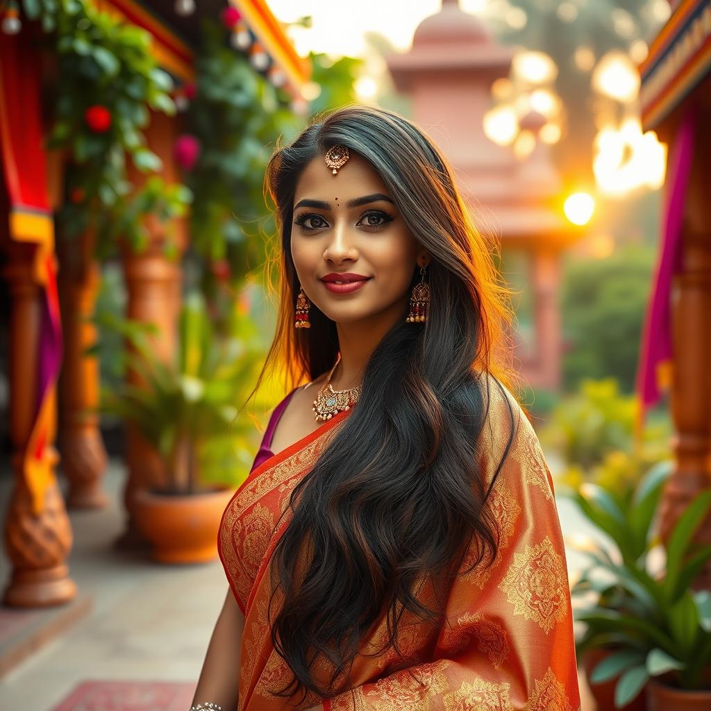 A beautiful woman with long, flowing Indian hair cascading down her shoulders, standing in a vibrant traditional setting adorned with colorful textiles