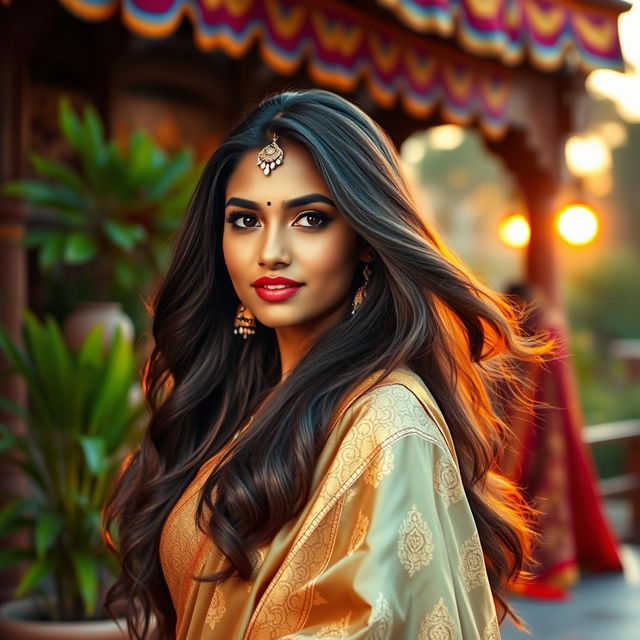 A beautiful woman with long, flowing Indian hair cascading down her shoulders, standing in a vibrant traditional setting adorned with colorful textiles